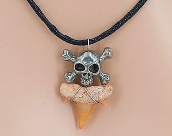 Fossil Shark Tooth Adjustable Necklace with Skull and Crossbones Pewter Bead Piratecore 9001-MLA-08A