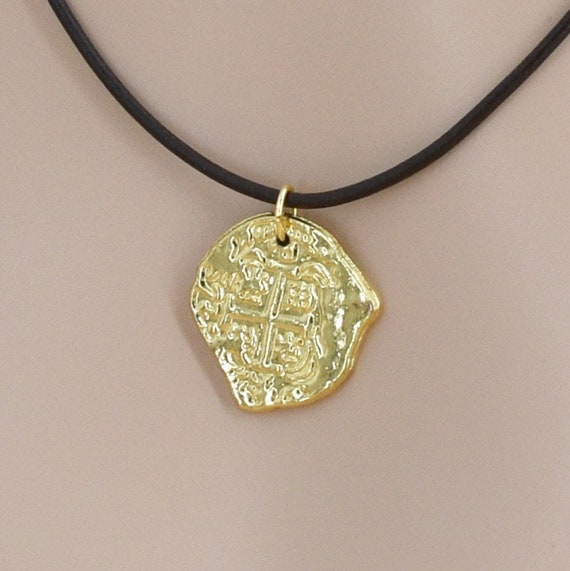 1715 Fleet Escudos Pirate Gold Coin Necklace Gold Coin Leather