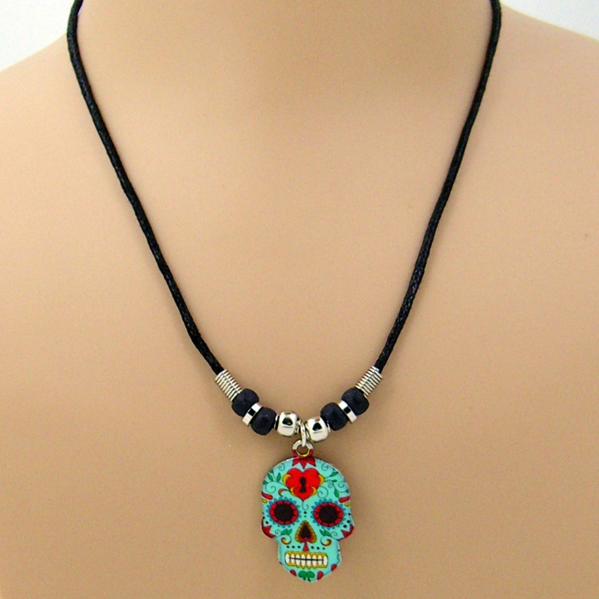 Day of the Dead Necklace, Colorful Sugar Skull Pendant, Black Cord