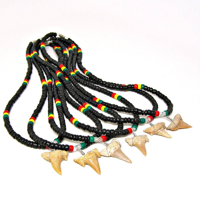 24 Inches Two Colors Black or Brown 4-5mm Coconut Beads Tribal Surfer Beach7001M Shark Tooth Rasta Necklace 18 21