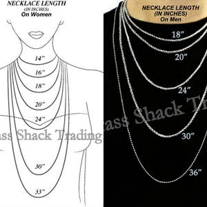 May include: A diagram showing different necklace lengths in inches for both women and men. The diagram shows a woman's neck with lines indicating necklace lengths from 14 to 33 inches. The diagram shows a man's neck with lines indicating necklace lengths from 18 to 36 inches.