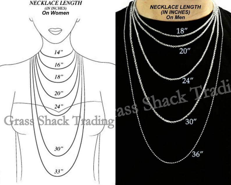 May include: A diagram showing different necklace lengths in inches for both women and men. The diagram shows a woman's neck with lines indicating necklace lengths from 14 to 33 inches. The diagram shows a man's neck with lines indicating necklace lengths from 18 to 36 inches.