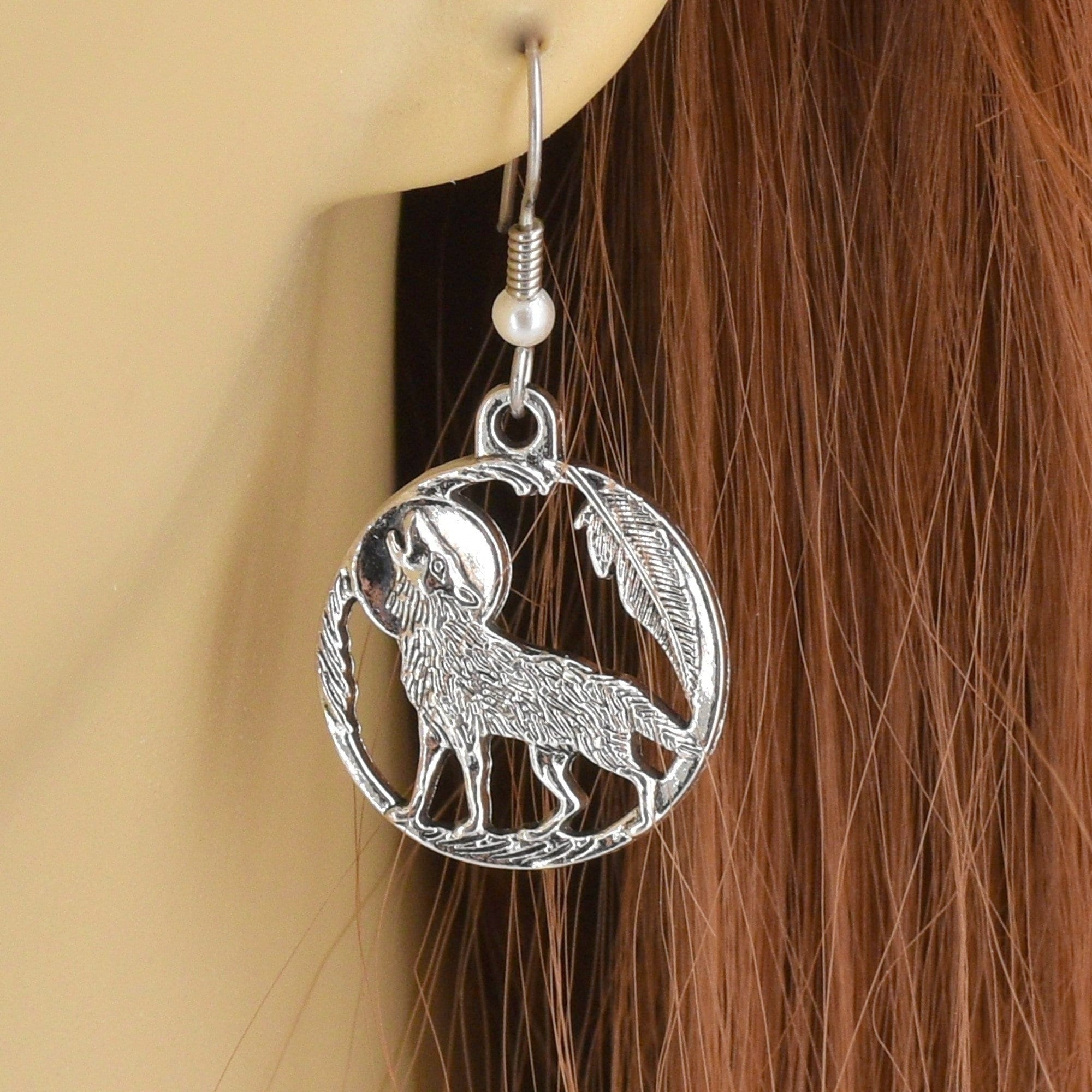 Wolf Howling at Moon Silver Earrings Pair Jewelry Ear Wires With