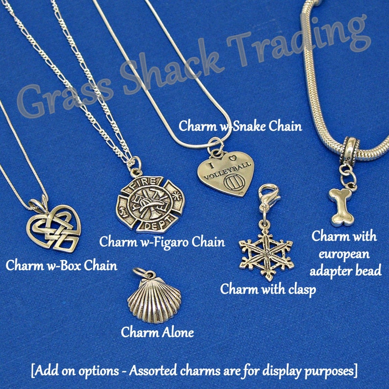May include: Assortment of silver charms with different designs, including a heart with "I love volleyball" text, a fire department emblem, a snowflake, a seashell, and a bone. The charms are displayed on various chain styles, including a box chain, a figaro chain, a snake chain, and a European adapter bead chain.