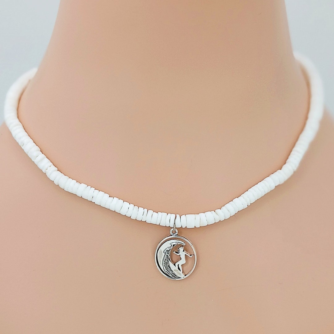 Surfer Shell Chain PUKA Seashell Silver Surfer Girl Necklace Choice of 16-18-20-inch Round ...