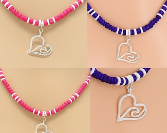 Surfer SUP Girl Necklace Ocean Wave Heart Pink or Purple Coconut Beads White Puka Shell Hawaiian Beach SUP 18 Inches 7107-42