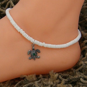 Sea Turtle Puka Shell Anklet, Adjustable, White 3-4mm Shell Beads, 9&quot; to 12&quot; Hawaiian Surfer SUP Beach Sea Shell Jewelry 5235-12
