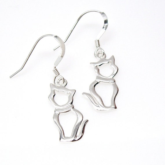 925 Oxidized Sterling Silver Vintage Cute Sitting Cat Kitten Pet Lover Post Stud Earrings 16 mm