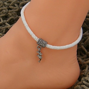 Dolphins Puka Shell Anklet, Adjustable, White 3-4mm Shell Beads, 9&quot; to 12&quot; Hawaiian Surfer SUP Beach Sea Shell Jewelry 5235-25