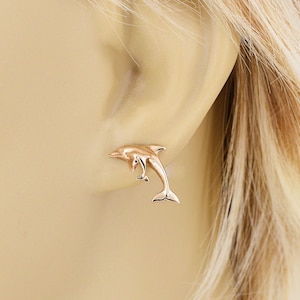 14 kt Gold DOLPHIN Mother and Baby Calf Ear Studs Made in USA 19mm x 12mm 3/4" x 1/2 in" in Gift Box Free Ship 3460-14kt