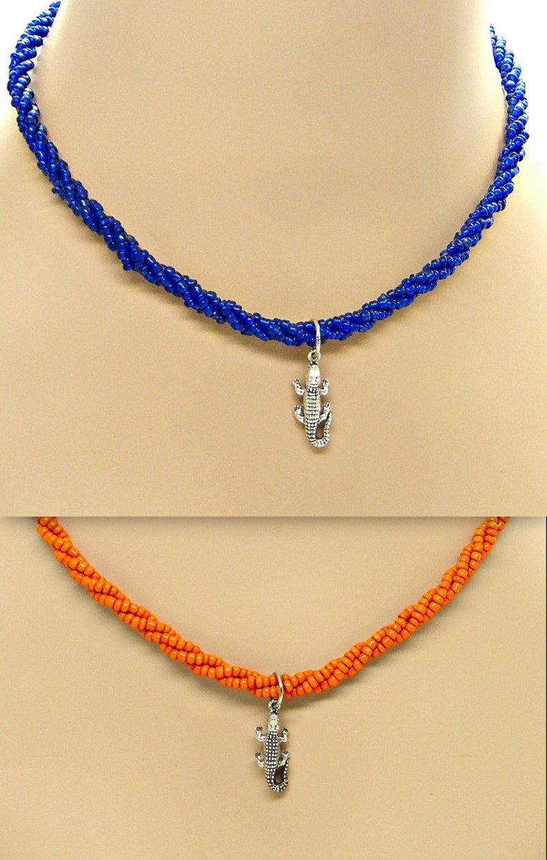 Gator Sterling Silver Necklace Braided Seed Beads Beaded Multi Strand 18 Inches Florida Colors 1842GN