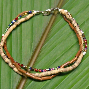 Bracelet Brown Coco Reed Tube Beads and Multi Color Seed Beads 3 Strand Hawaiian Surfer SUP 7 Inches 6348