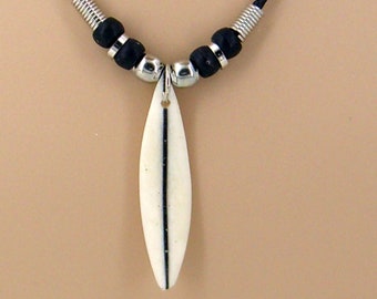 Necklace Surfboard, Carved Bone Pendant on a 19" Black Cord with Silver and Black Beads, Surfer SUP 7075