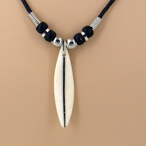 Necklace Surfboard, Carved Bone Pendant on a 19" Black Cord with Silver and Black Beads, Surfer SUP 7075