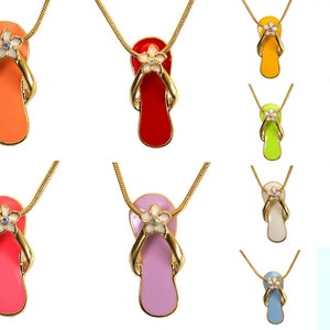 Plumeria Flower Flip Flop Epoxy Color with Crystal Gold Plated Charm Pendant Necklace 1483