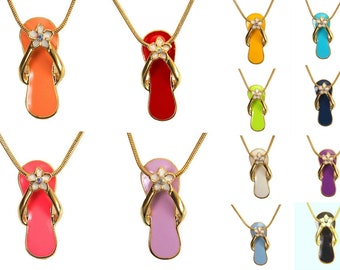 Plumeria Flower Flip Flop Epoxy Color with Crystal Gold Plated Charm Pendant Necklace 1483