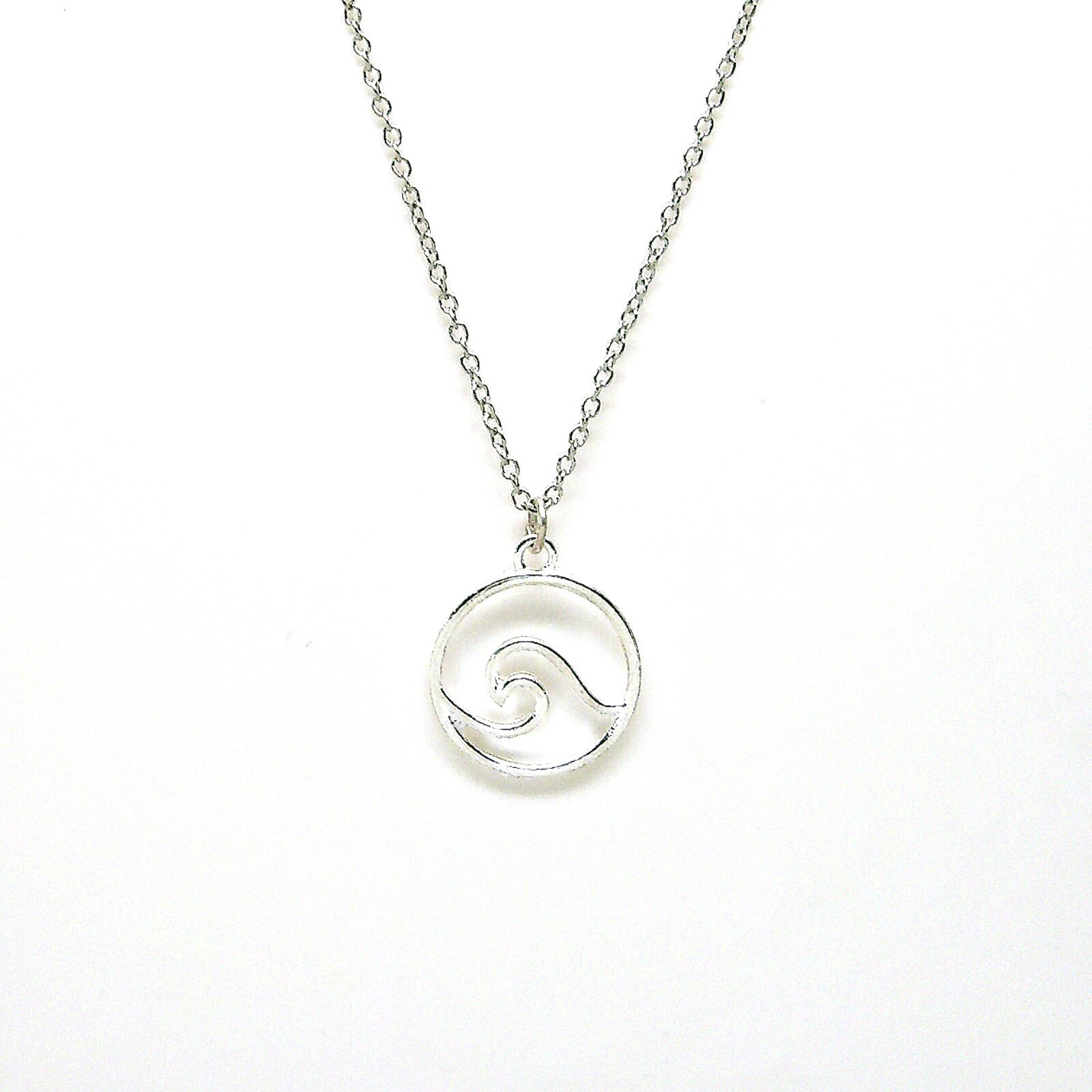 Silver Ocean Wave Necklace Pendant on Cable Chain Minimal