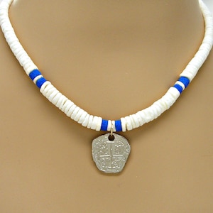 Pirate Coin Necklace 18-inch Round Graduated White Puka Seashell Blue Sandcast Beads Choice 3 Colors Spanish Reale Shipwreck Treasure Surfer