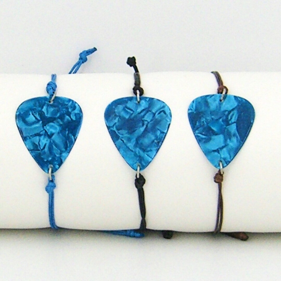 Guitar Pick Bracelet Adjustable Cord String Aqua Blue Swirl 6 to 8.5