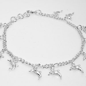 Charm Bracelet Sterling Silver 12 Dangling Dolphins 7.5&quot; - 8&quot; inches Beach 3279