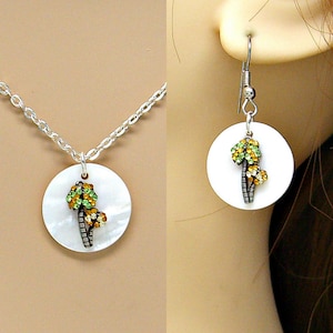 Set Palm Tree with Crystals Mother of Pearl Sea Shell Disc Silver Plated Necklace and Dangle Ear Wires Pair 1506 - 1306 SP