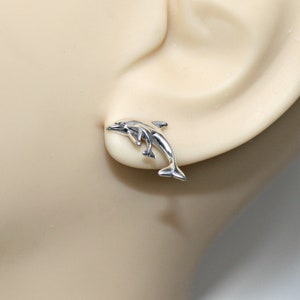 Dolphin with Calf Earrings Sterling Silver Beach Tiny Minimalist Ear Studs, Post Earrings 3460