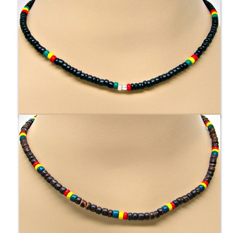 24 Inches Two Colors Black or Brown 4-5mm Coconut Beads Tribal Surfer Beach7001M Shark Tooth Rasta Necklace 18 21