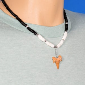 LG 1-inch Fossil Shark Tooth Necklace Coconut, Puka Seashell, and Silver Beads Surfer SUP Beach Choice of length: 18, 21, 24-inch