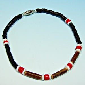Anklet Hawaiian Surfer SUP Black Red Coconut Wood and Puka Shell Beads 9-Inches 5208