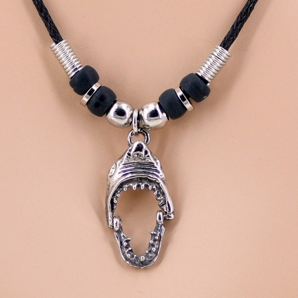 Silver Shark Head with Moveable Jaw Necklace Black Cord Black and Silver Beads Beach 14 to 19 Inches 7004