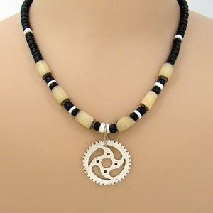 Gear, Steampunk Necklace Black Coconut Puka Seashell Buri Palm Beads Bike 7027-88LG
