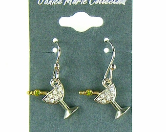 Silver Martini with Olive Earrings Dangle Ear Wires Cocktail Austrian Crystals 1307