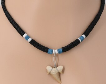 XL Fossil Shark Tooth Necklace 18-21-24-inch Lengths Black or Brown Graduated Coconut Beads, White Puka Shells, Blue Beads Beach SUP 7068MXL