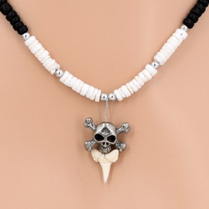 Skull and X-bones Shark Tooth Necklace Coconut Shell Beads, Puka Seashell Beads Surfer Beach Jewelry OBX Choice of length: 18, 21, 24-inch
