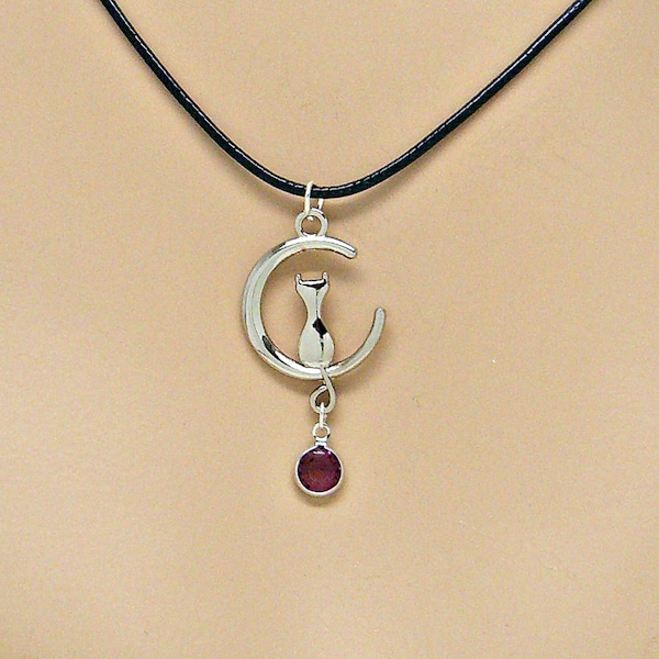 Cat on Moon Crystal Birthstone Necklace, 18" to 20" Adjustable, Kids, Adults, 6 Cord Colors 9004-19-40