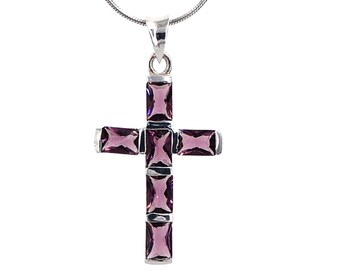 Kreuz Sterling Silber Amethyst Steine religiösen Glauben Charm Anhänger oder Halskette N160