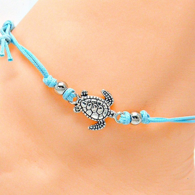 Anklet Silver Sea Turtle Blue Adjustable Cord Friendship String Hippie Boho Beach Ankle Bracelet 5203