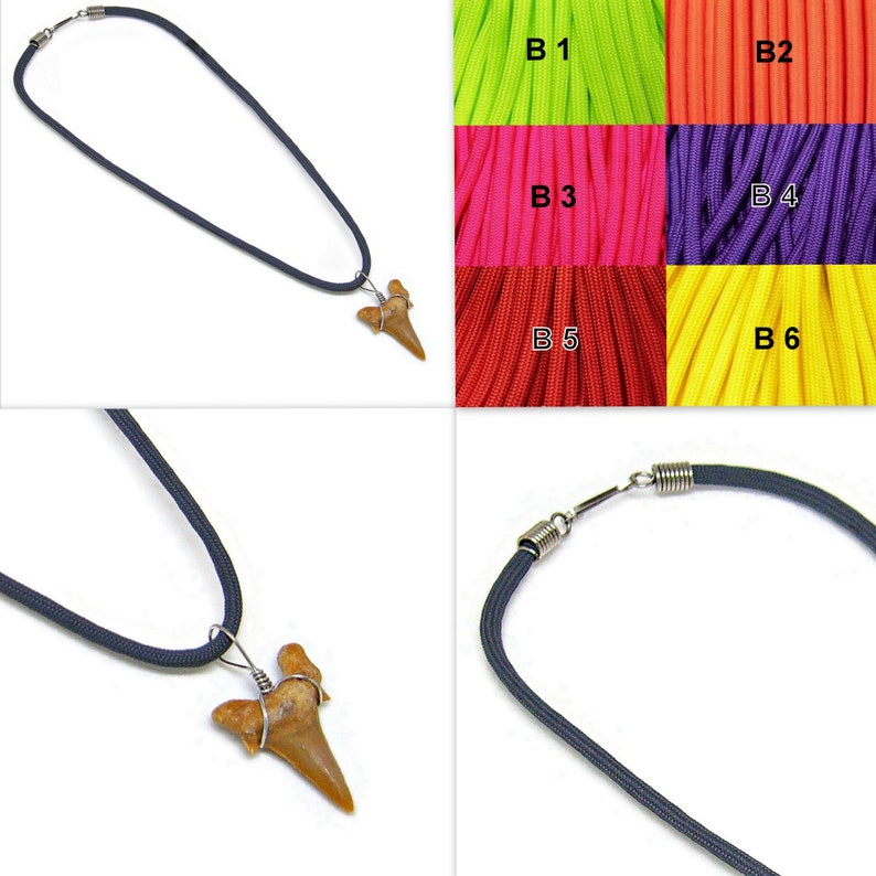 XL Fossil Shark Tooth Necklace Paracord 6 Lengths 14 to 30 Inches 6 Neon Bright Colors Surfer Beach 7195 B