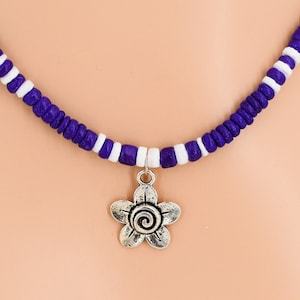 Boho Flower Pendant Necklace Surfer SUP Girl Purple Coconut Beads White Puka Shell Beach 18Inches 7107-616