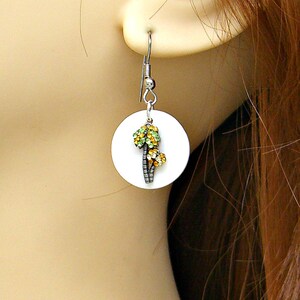 Earrings Palm Tree with Crystals Mother of Pearl Sea Shell Disc Dangle French Hook Ear Wires Pair 1306 SP