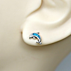 Earrings Dolphin Turquoise Inlay Sterling Silver Minimal Pierced Tiny Ear Studs, Post Earrings 3516