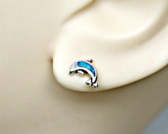 Earrings Dolphin Turquoise Inlay Sterling Silver Minimal Pierced Tiny Ear Studs, Post Earrings 3516