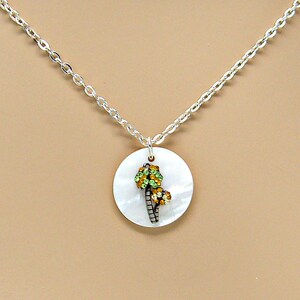 Palm Tree with Crystals Mother of Pearl Sea Shell Disc Pewter Finish Silver Plated Necklace 1506 SP