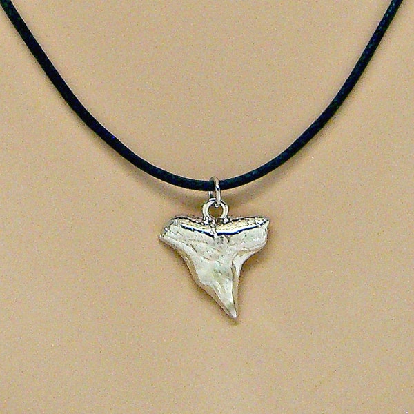 Silver Shark Tooth Necklace 14" to 20" Faux Braided Leather Surfer SUP 9000-06