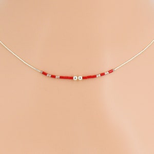 Choker Necklace Sterling Liquid Silver with Faux Coral Beads 17 Inches Minimalist 3078