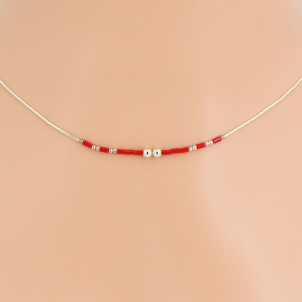 Choker Necklace Sterling Liquid Silver with Faux Coral Beads 17 Inches Minimalist 3078