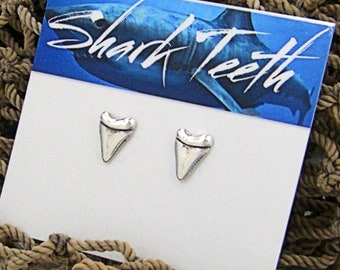 Earrings Great White Shark Tooth Sterling Silver Beach Tiny Minimal Pierced Ear Studs, Pair or Single 3436