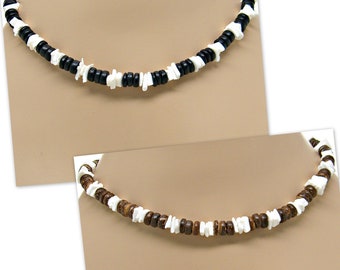 Surfer Necklace 8mm Dia. Black or Brown Coconut Beads w-Puka Square Cut Shell 18" 21" 24" Beach Jewelry SUP 7063 7064