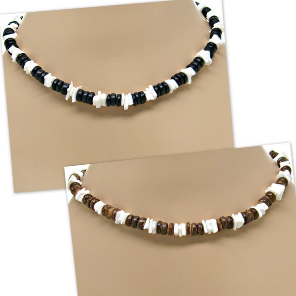 Surfer Necklace 8mm Dia. Black or Brown Coconut Beads w-Puka Square Cut Shell 18" 21" 24" Beach Jewelry SUP 7063 7064