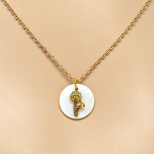 2 Piece SET Palm Tree with Crystals Mother of Pearl Seashell Disc Gold Plated Necklace and Dangle Ear Wires Pair 1506 - 1306 GP